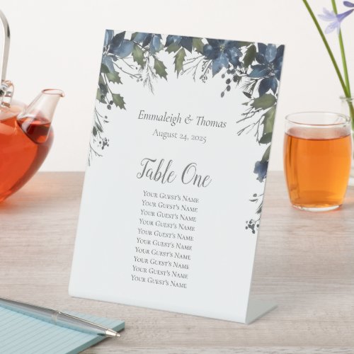 Table Seating Chart Poinsettia Floral Navy Blue Pedestal Sign