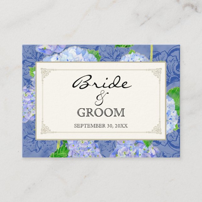 Table Seating Escort Blue Hydrangea Lace Floral Place Card (Front)