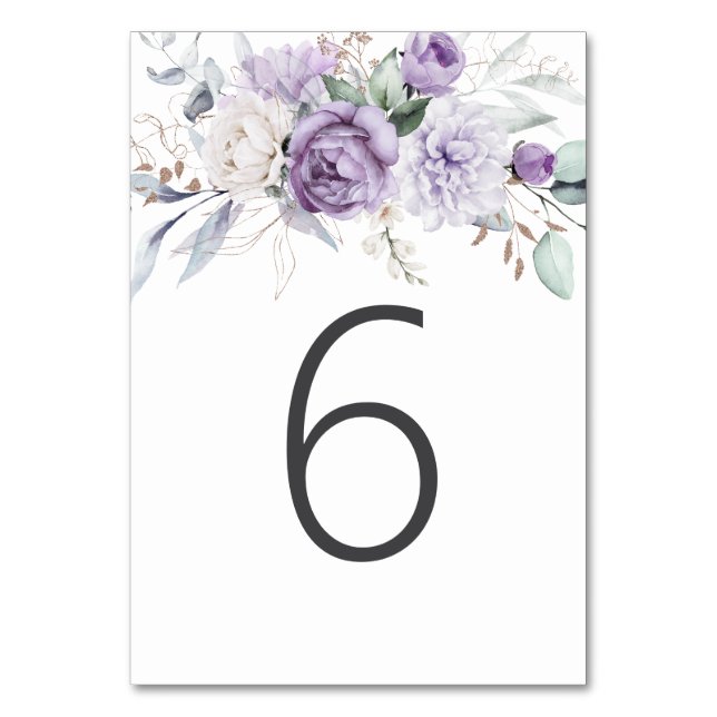 Table Six Watercolor Purple Floral Wedding Number (Front)