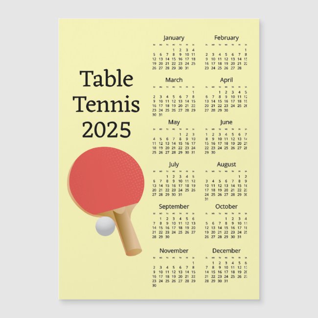 Table Tennis 2025 Calendar Magnetic Card