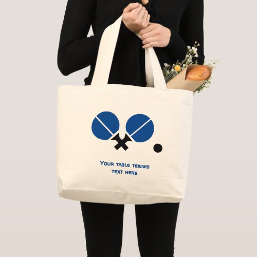 Table tennis ping_pong rackets and ball black blue large tote bag