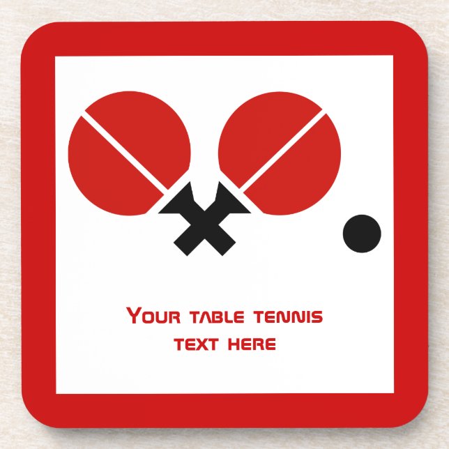 Table tennis ping-pong rackets and ball black, red beverage coaster (Front)