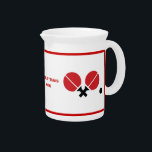 Table tennis ping-pong rackets and ball black, red drink pitcher<br><div class="desc">Table tennis ping-pong rackets and ball black,  red beverage pitcher displaying a minimalist pictogram icon of red black table tennis rackets and ball and your text on white background with red border. This cool design is a template and it is completely customizable.</div>
