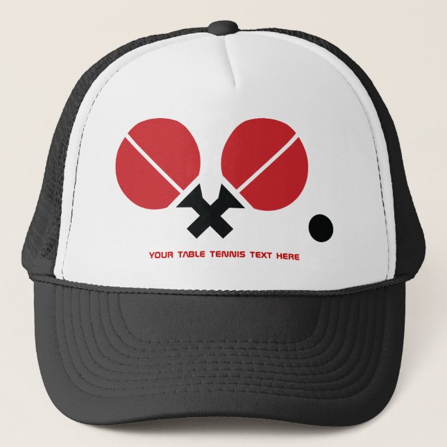 Table tennis ping-pong rackets and ball black, red trucker hat (Front)