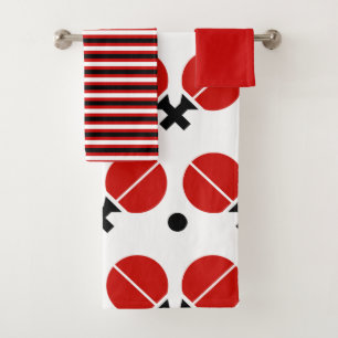 Table tennis rackets and ball in black, red bath towel set