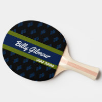 table tennis with name in a blue/green stripe ping pong paddle