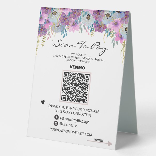 *~* Table Tent PAY + MENU QR code Tabletop FLORAL (Front)
