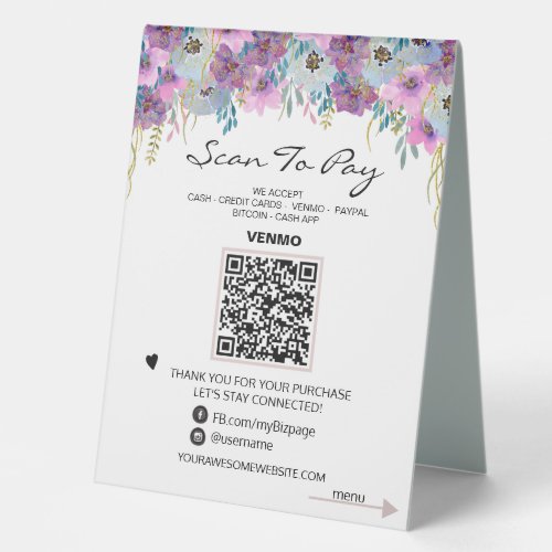  Table Tent PAY  MENU QR code Tabletop FLORAL Table Tent Sign
