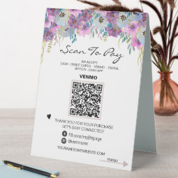 Table Tent PAY + MENU QR code Tabletop FLORAL Table Tent Sign | Zazzle