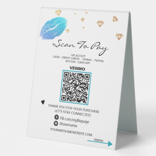  Table Tent PAY  MENU QR code Tabletop LIPS Table Tent Sign