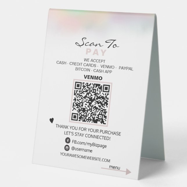 *~* Table Tent PAY + MENU QR code Tabletop Pastel (Front)