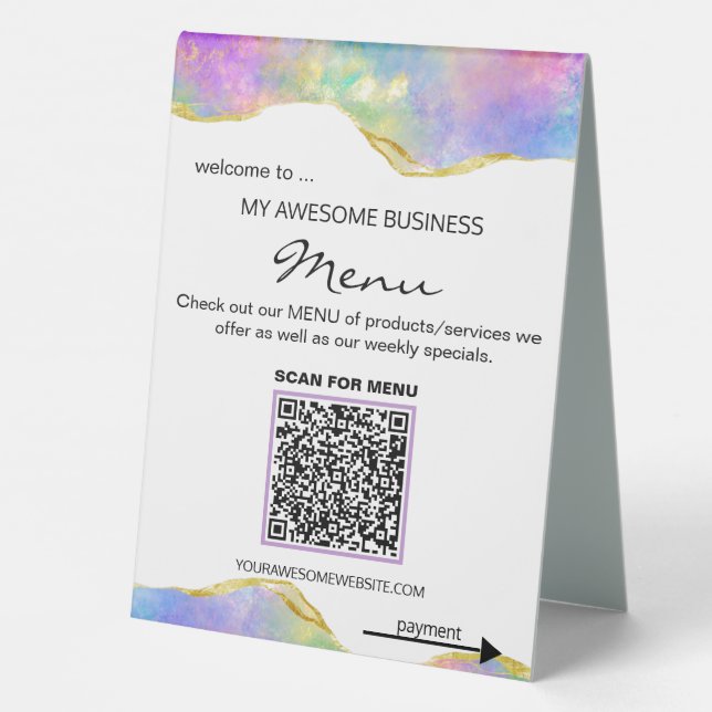 *~* Table Tent PAY + MENU QR Tabletop Opal Gold (Back)