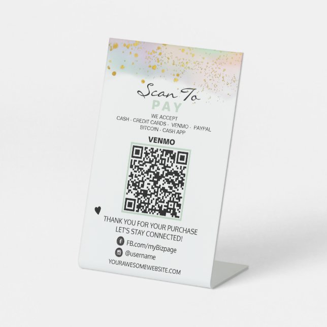 *~* Table Tent PAY . QR code Tabletop PASTEL Pedestal Sign (Front)