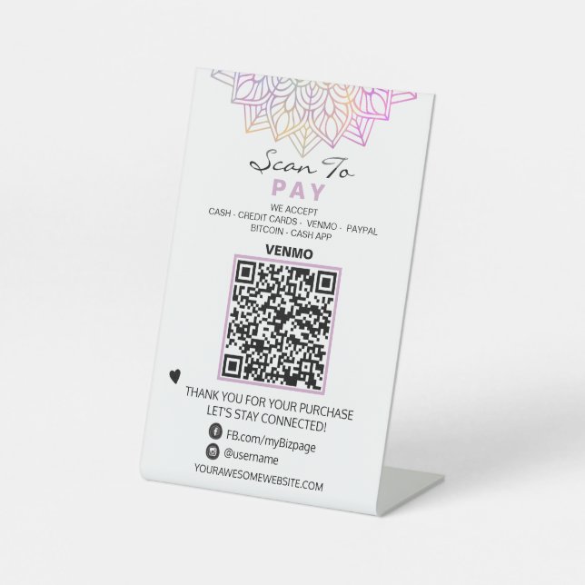 *~* Table Tent PAY - QR code Tabletop Reiki Yoga Pedestal Sign (Front)