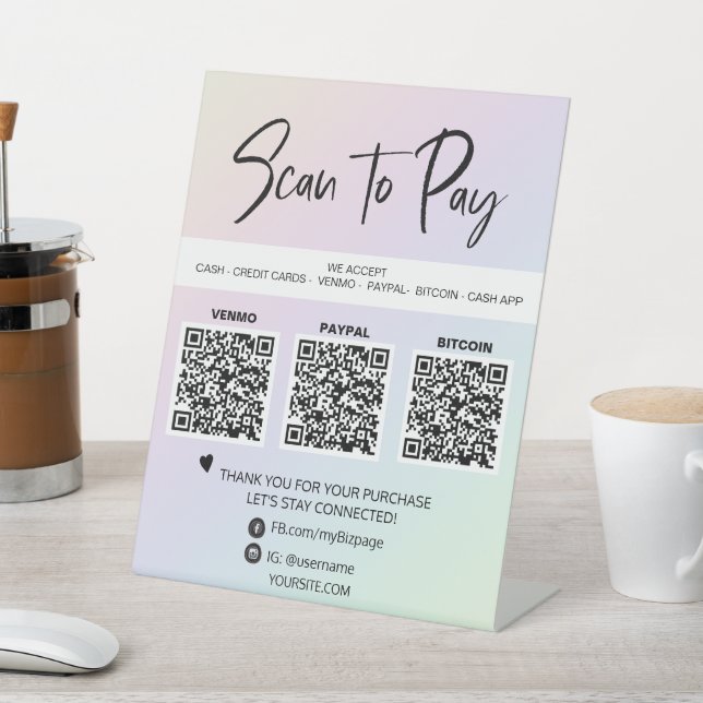 *~* Table Tent QR 3 PAYMENT Tabletop Rainbow Pedestal Sign (In SItu)
