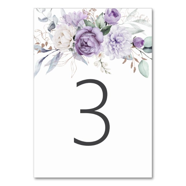 Table Three Watercolor Purple Floral Wedding Table Number (Front)