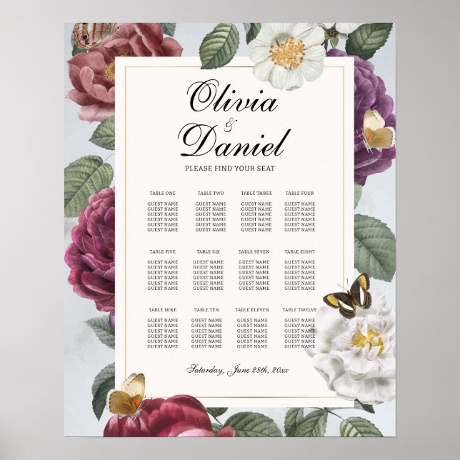 Table Wedding Seating 12 Bloom Butterfly Floral Poster (Front)