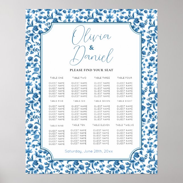 Table Wedding Seating 12 Chintz Blue White Floral Poster (Front)