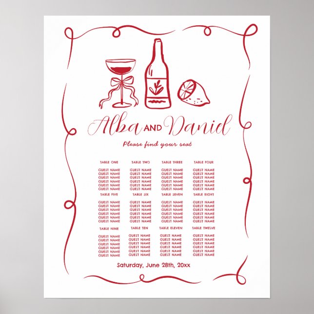Table Wedding Seating 12 Hand Drawn Whimsical  Poster (Front)