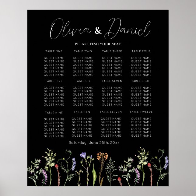 Table Wedding Seating 12 Wildflowers Floral Dark Poster (Front)