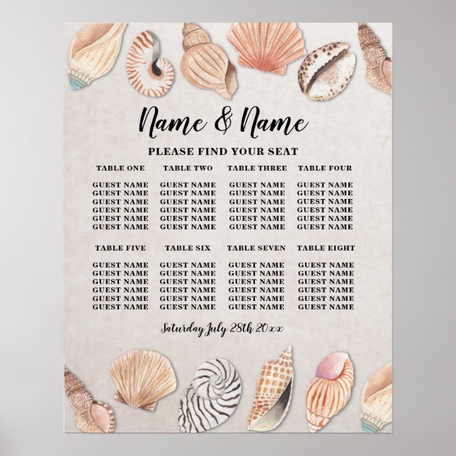 Table Wedding Seating 8 Seating Plan Shells Ocean Poster (Front)