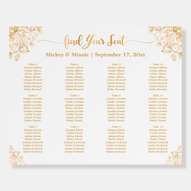 Table Wedding seating chart golden flower Foam Board (Front)