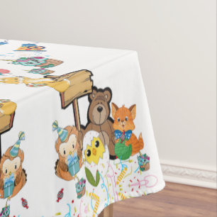 Tablecloth, Happy Birthday Yellow Bear Fox Chicks Tablecloth