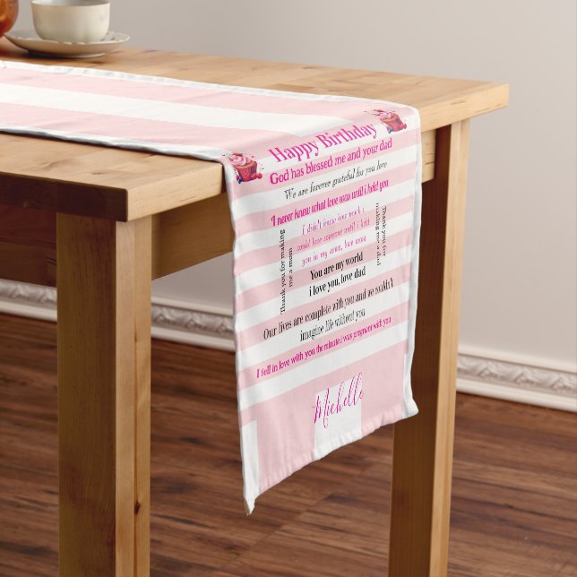 Tablecloth Runner Pink White Stripe Happy Birthday (In Situ)