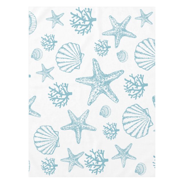 Tablecloth Teal Seashell Starfish Beachy Pattern (Front)