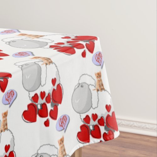Tablecloth White Sheep Red Hearts Kitten