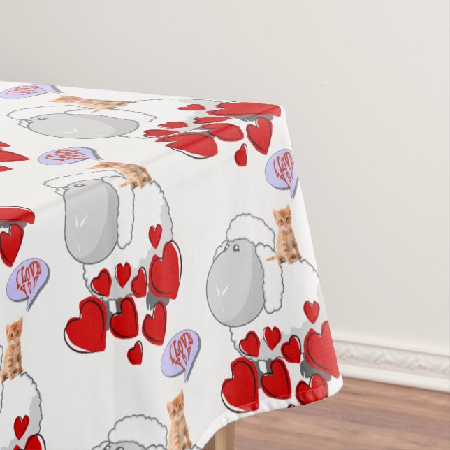 Tablecloth White Sheep Red Hearts Kitten (In Situ)