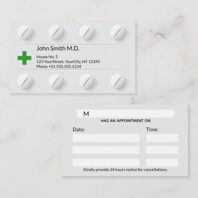 Tablet Box Pills Professional Medical Cross Green Appointment Card (Front/Back)