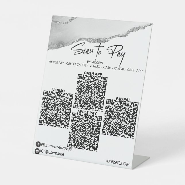 *~* Tabletop 4 QR PAYMENTS Table Tent SILVER AGATE Pedestal Sign (Front)