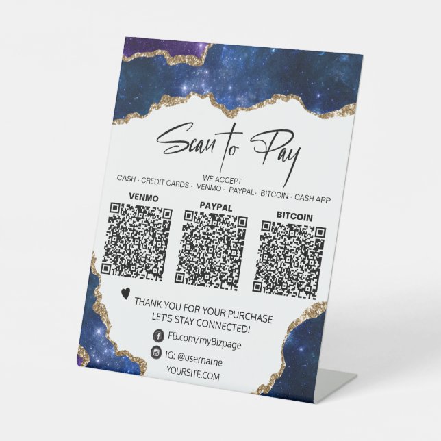 *~* Tabletop QR  3 PAYMENT Table Tent AGATE BLUE Pedestal Sign (Front)