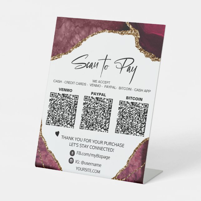 *~* Tabletop QR 3 PAYMENT Table Tent AGATE Glitter Pedestal Sign (Front)