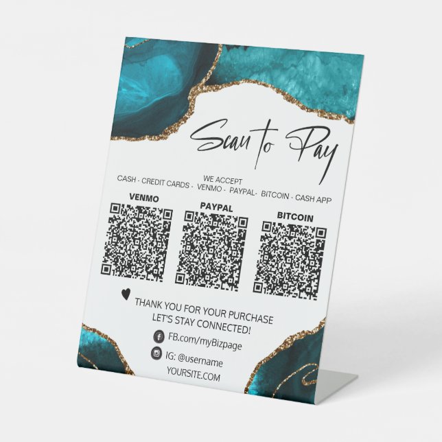 *~* Tabletop QR -  3 PAYMENT Table Tent AGATE GOLD Pedestal Sign (Front)