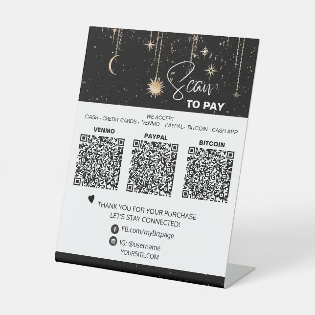 *~* Tabletop QR 3 PAYMENT Table Tent Cosmic Moon Pedestal Sign (Front)