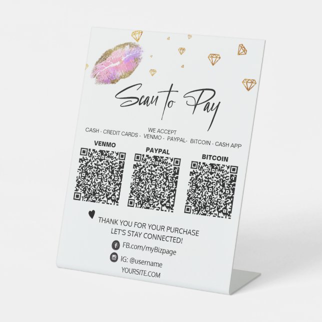 *~* Tabletop QR  3 PAYMENT Table Tent LIPS DIAMOND Pedestal Sign (Front)