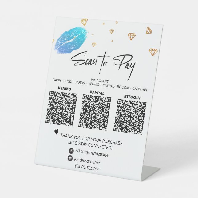 *~* Tabletop QR 3 PAYMENT Table Tent  LIPS Girly Pedestal Sign (Front)
