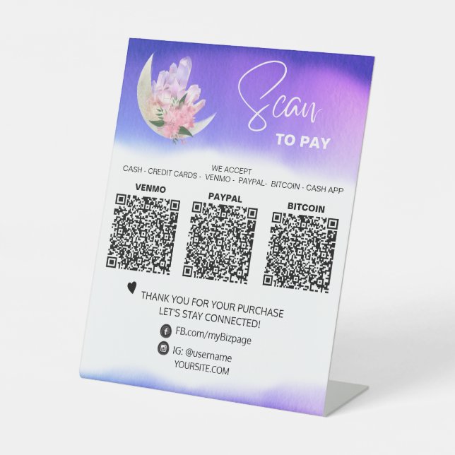 *~* Tabletop QR 3 PAYMENT Table Tent Moon Crystals Pedestal Sign (Front)