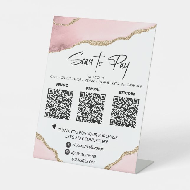 *~* Tabletop QR 3 PAYMENT Table Tent PINK AGATE Pedestal Sign (Front)