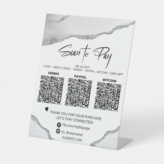 *~* Tabletop QR 3 PAYMENT Table Tent SILVER AGATE Pedestal Sign (Front)
