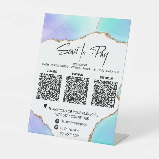 *~* Tabletop QR Table Tent AGATE 3 PAYMENTS Pedestal Sign (Front)