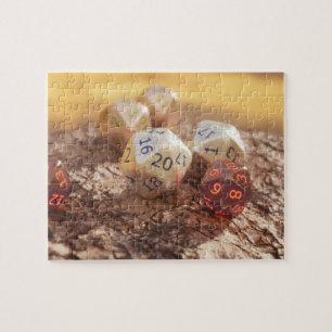 Tabletop RPG Fantasy Role Player Dice on Bark Jigsaw Puzzle
