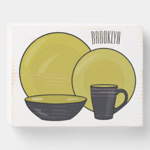 Tableware set cartoon illustration  wooden box sign