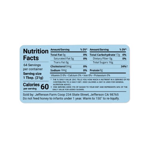 Tabular Honey Nutrition Facts Cornflower Blue Label