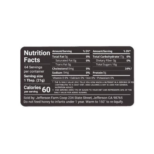 Tabular Honey Nutrition Facts Jet Black Label