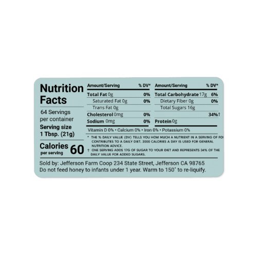 Tabular Honey Nutrition Facts Turquoise Product Label