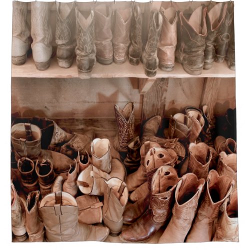 Tack Room full of Well Worn Cowboy Bootsbootscowb Shower Curtain