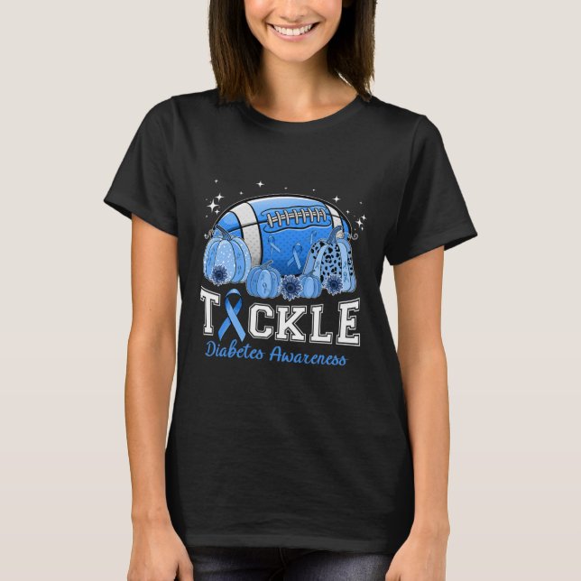 Tackle Footll Diabetes Blue Ribbon Dibetes Awarene T-Shirt (Front)